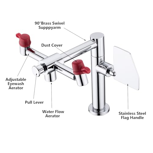 Image of Deck Mounted Emergency Eyewash Faucet with Swivel Spout, 360 Swivel Spout, Uninterrupted High Water Flow, Fast Start-up, 1 Stainless Steel Hose, 2 Iinspection Tag, 1 Eye Wash Station Sign.