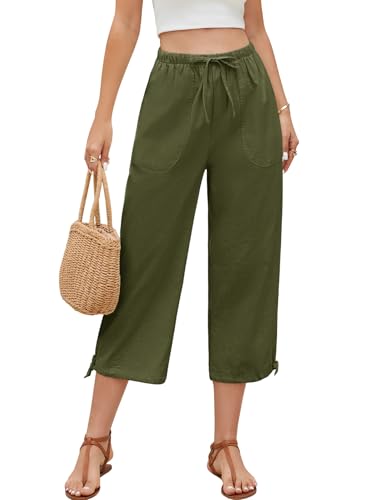 PASUDA Damen Linen Sommerhose 7/8 Baggy Casual Loose Leinenhose Bequeme Leichte Freizeithose Lockere Stretch Bund Strand...