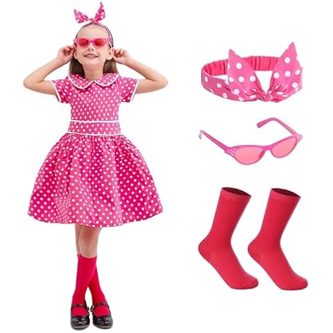 Rabtero Girls Vintage Dress, 50s Dress for Girls, Christmas Birthday Girls Costume, Pink Polka Dot Dress with Headband, Glasses and Socks for Girls 7-8 Years, Large, Rose Red Cover