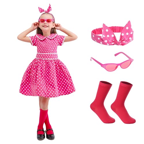 Rabtero Girls Vintage Dress, 50s Dress for Girls, Christmas Birthday Girls Costume, Pink Polka Dot Dress with Headband, Glasses and Socks for Toddlers 3T-4T, Small, Rose Red