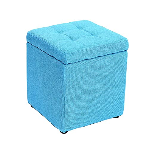 Pouf de rangement bleu clair en coton et lin repose-pied carré cube - 2