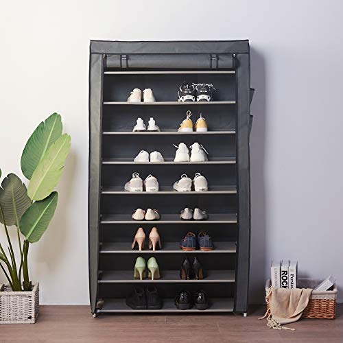 Blissun 10 Tiers Shoe Rack Shoe Storage Organizer Cabinet Tower with Non-Woven Fabric Cover (Grey)