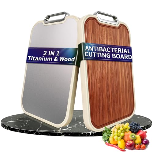 2 en 1 Planche a Decouper en Titane & Bois - Planche à Découper avec Rainure À Jus - Antidérapante & Antibactérienne,Planche à Découper de Cuisine pour Viande,Légumes,Fruits (Titane + Bois)