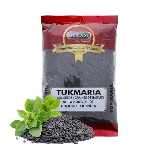 HEMANI Basil Seeds 7.1 OZ (200g), Tukmaria Sabja Seeds for Falooda Drinks and Desserts, Thai Sweet Basil, Halal