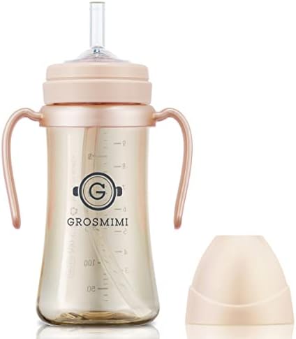 GROSMIMI PPSU Baby Straw Cup Stage 1, 6M+, Spill-Proof, 10oz (Peach)