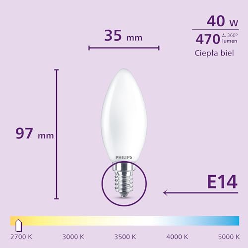 Żarówka LED E27 Philips, 3-Pak, B35, E14, 470 Lumenów, 40 W, Kształt Świecy, Długa Żywotność, Ciepła Biel 2700 K, Lampa LED Matowa
