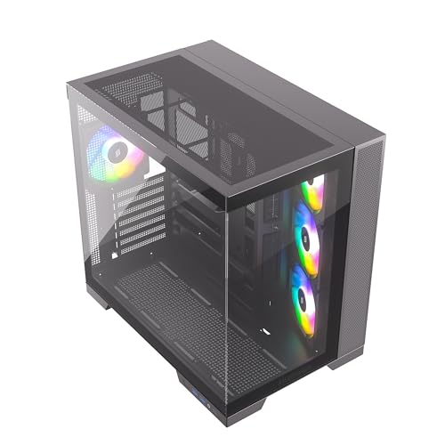 Silentware View A-RGB Black Midi Tower PC-Gehäuse Showcase, Frontpanel und Seitenfenster aus gehärtetem Glas, 4X 120mm RGB Lüfter, 4-Pin-PWM und 3-Pin Steurung, Abnehmbarer Deckel, USB-C, ATX/mATX/ITX
