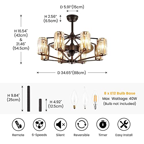 Moooni 34" Crystal Chandelier Ceiling Fan 8 Lights Vintage Flush Mounted Fandelier Bronze Invisible Blades Ceiling Fan For Bedroom Dining Room Living Room Kitchen Farmhouse Entry #TOP4