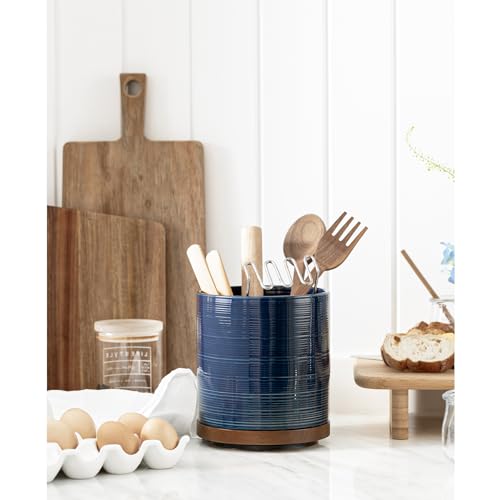Image of Utensil Holder, 360 Rotating Extra Large Ceramic Kitchen Utensil Holder for Countertop, 7.3 inch Cooking Utensil Crocks for Kitchen Counter with Rotatable Wooden Base, Farmhouse Decor, Dark Blue