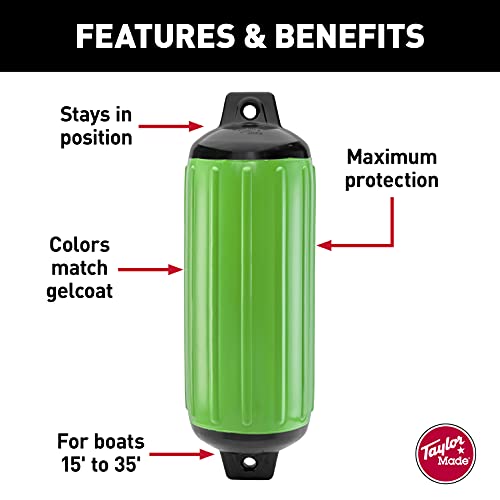 Image of Taylor Made Super Gard Boat Fender, Lime Green (5.5 inch x 20 inch) Double-Molded Ends, Ribbed Technology to Minimize Roll, Rubber Football Needle Inflation Valve, Marine-Grade Vinyl, 5 /8 inch Eyelets - 974520
