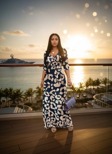 Image of Yajedo Womens Casual Summer Maxi Dress Plus Size Sexy Wrap V Neck 3 /4 Sleeve Sundress with Pockets