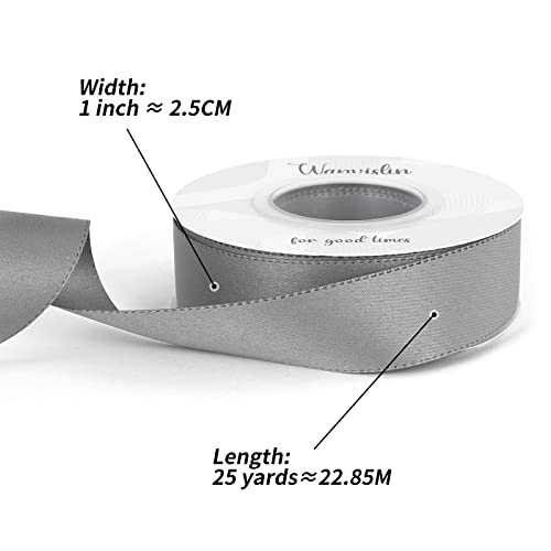 Wanvislin Silver/Gray Ribbon 1 Inch X 25Yards, Double Face Satin Ribbon For Gift Wrapping, Crafts, Bow Makings, 1 Inch X 25 Yards Sliver/Gray Matte Color #TOP4