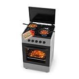 Cucina a Gas 50x50 cm con Forno a Gas 49 Litri e 4 Fuochi di Diversa Potenza Cucina a Gas Libera Installazione con Valvole di Sicurezza, Coperchio e Griglie Smaltate