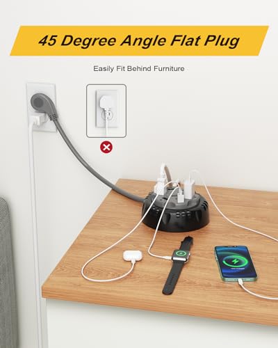 Retractable Power Strip Extension Cord Reel with USB C PD 20W, ETL Listed Flat Plug Travel Power Strip Surge Protection with 5 AC 3 USB Ports, 10FT Travel Extension Cord Portable Outlet, Black Grey