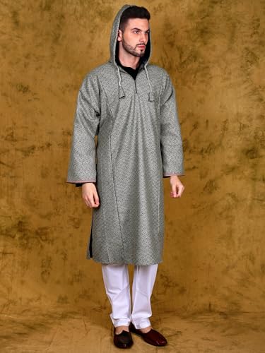 Image of Exotic India Men's Woolen Blend Kashmiri Phiran with Hood | Pure Wool Long Overcoat-Oversized Phiran for Men
