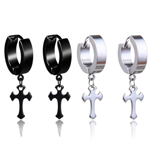 XENQITO 2 Pares Pendientes Cruz, Colgantes Unisex Religión, Pendientes Cruz Hombre, Acero Inoxidable Colgante Pendientes de aro (Negro, Plata)