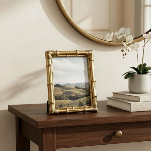 Realyoo 5x7 Picture Frame Bamboo, Resin Photo Frame with Tempered Glass Rustic Decorative Frame for Tabletop Display or Wall Display Option, Ideal for Living Room, Hallway, Bedside Home Décor, Gold by Realyoo - Used condition - Image 8
