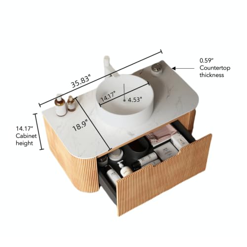 Image of KEIKI 30 inch Bathroom Vanity Cabinet with Sink Combo, Wall Mounted Curved Edges Striped Floating Bathroom Vanity with Soft-Close Drawer, White Round Ceramic Basin Without Faucet, Natural Wood