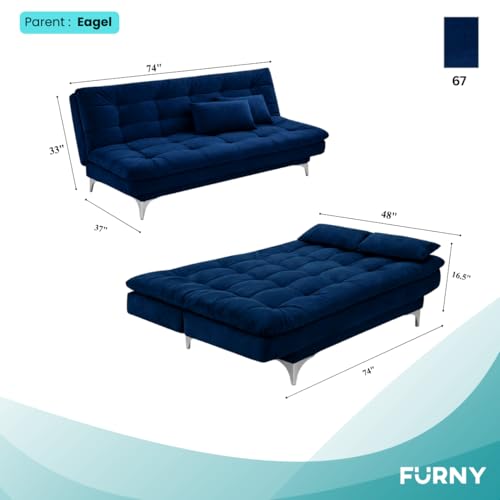 Image of FURNY Eagel 3 Seater Fabric Sofa Cum Bed with 2 Cushions (Dark Blue) Premium Velvet Fabric | Durable with Comfort | Perfect for Living Room, Bedrooms, Offices