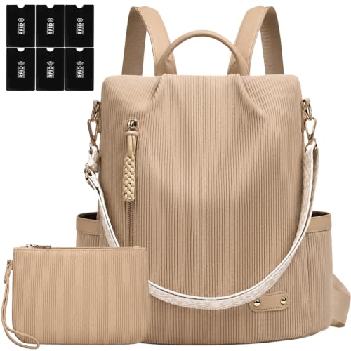 ONETOALL Sac à Dos Femme Antivol avec 6 Porte-Cartes Anti-RFID, Sac à Main Élégant et Imperméable pour Voyage, Balades et Transport en Commun Havane