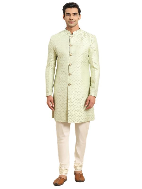Kisah Men's Sherwani Churidar Set Indo-Western, Green Silk Blend, Jacquard Long Sleeves Regular Fit Mandarin Collar (Small)