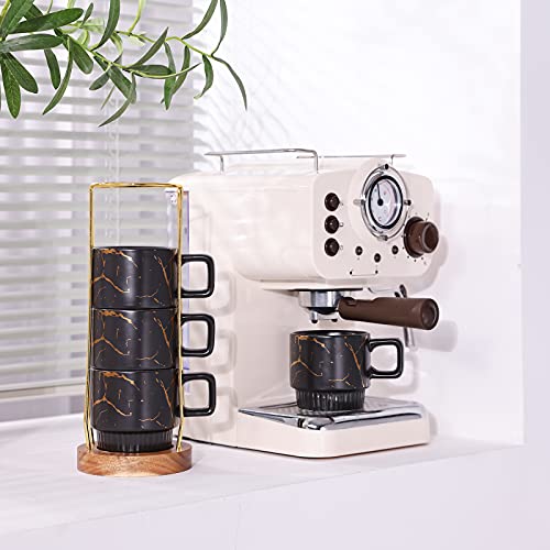 Lurrier Coffee Mugs Set Of 4, 11 Oz Stackable Ceramic Coffee Mugs Set For Espresso, Tea, Hot Cocoa, Coffee Cup Set With Marble Pattern And Acacia Wood Rack(Classic Black) #TOP4