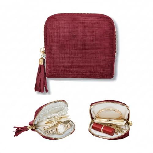 Red Travel Jewelry Case - Large Capacity Chenille & Velvet Organizer with Tassel Zipper for Earrings, Rings, Necklaces, Bracelets - Anti-Scratch, Portable Jewelry Pouch