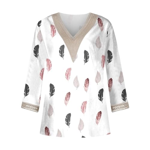 Camisetas femininas modernas de verão, manga 3/4, renda e gola V, blusas estampadas florais de féria