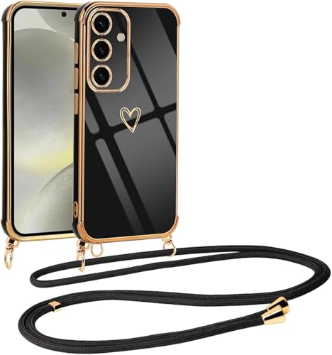 Vauki handyband für Samsung Galaxy S25 Plus 5G Hülle mit Band, Handyhülle mit Kette, Herz Motiv, Ultra Dünn Stoßfeste Aesthetic Silikon Case mit Kordel zum Umhängen für Samsung S25+, Schwarz