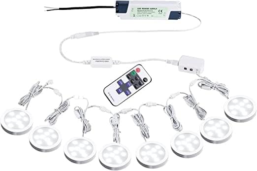 AIBOO Linkable Under Cabinet LED Lighting 12V Slim Aluminum Dimmable Puck Lights Direct Wired with RF Remote Control for Kitchen Lighting(8pack Daylight White)