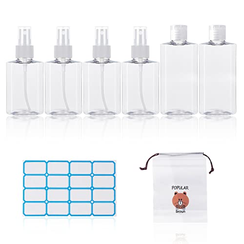 Lot de 6 flacons de voyage portables, vaporisateurs anti-fuite, accessoires de voyage rechargeables pour voyage, articles de toilette, cosmétiques avec sacs de rangement et étiquettes