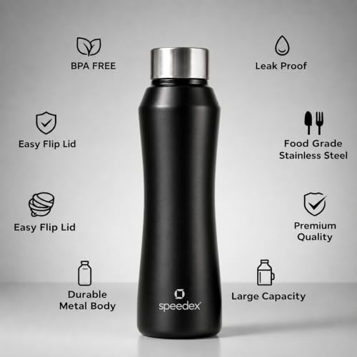 Image of Speedex Stainless Steel Water Bottle 1 Ltr, Leak Proof Screw Cap, BIS Approved 1000 ml Metal Bottle For Daily, Office, School, Gym, Travel Use for Men, Women, Kids, Adults, Black, Set of 1