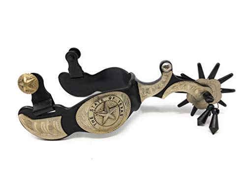 AJ Tack Wholesale Texas State Show Spurs Black Steel Silver Engraving Jingle Bobs Chap Guard Mens
