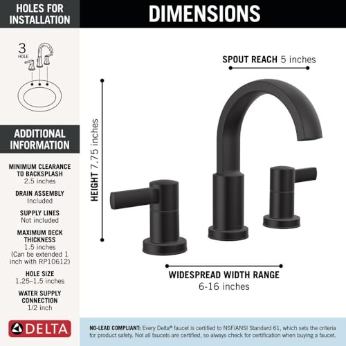 Delta Faucet Albion Widespread Bathroom Faucet 3-Hole, Matte Black Bathroom Sink Faucet, 2-Handle Bathroom Faucet, Bath Faucet, Metal Push-Pop Drain Assembly, 1.2 GPM Flow Rate, Matte Black 35855LF-BL by DELTA - Image 5