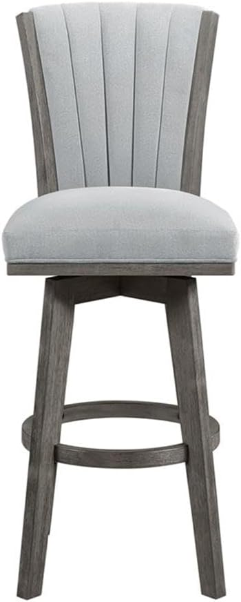 Pemberly Row Velvet Swivel Pub Height Chair, Gray Upholstery, Channel-Tufted Back, 360-Degree Swivel, Wire-Brushed Gray Wood Frame, 30.5 in Seat Height, Stylish Bar Seating, Modern Dining Room Chair