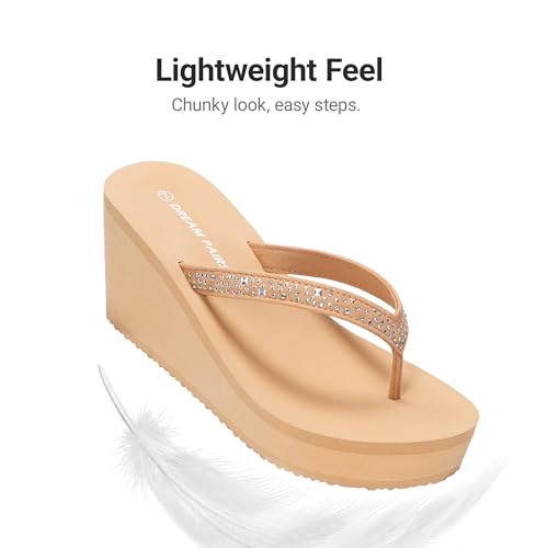 DREAM PAIRS DREAM PAIRS Women's Platform Flip Flop Rhinestones Arch Support Comfortable Soft Cushion Wedge Flip Flops Summer Thong Sandals,Size 9,Nude,SDFF2222W