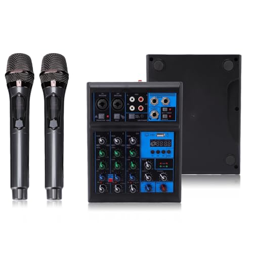 Plyisty 4 Channel Audio Mixer, Sound Board with 2 Wireless Microphones, AV/XLR/6.35mm/3.5mm AUX Output, Support USB/Bluetooth Input, 48V Phantom Power