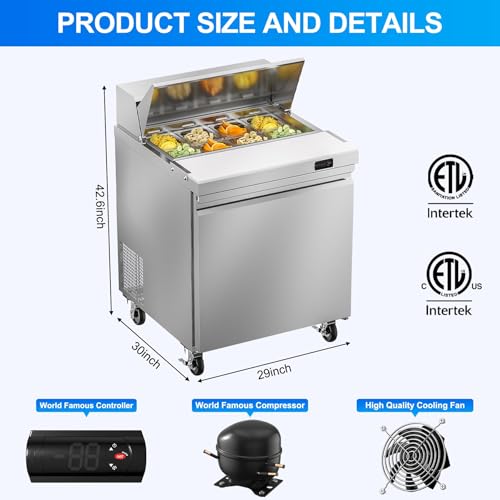 Image of Rockitch 29 inch W Commercial Sandwich Prep Table Refrigerator, 7.6 Cu.ft Stainless Steel Sandwich Prep Table with 8 Pans, Single Door Fan Cooling Salad Prep Station for Restaurant Food Prep, ETL Approved