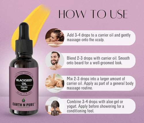 Image of Earth N Pure Black Seed Oil (Kalonji Oil) for Hair & Skin Care - 100% Pure Cold Pressed Nigella Sativa for Hair Strength, Scalp & Nourishing Skin - 15ml