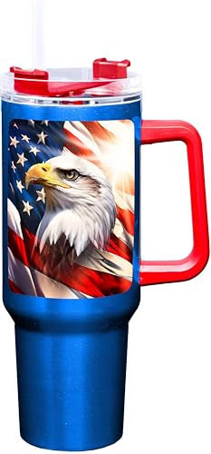 Spoontiques Large Americana Stainless Steel Travel Mug with Handle - 40 oz Capacity - Double Wall Stainless Steel with Sliding Lock Travel Lid - 12.5” Tall