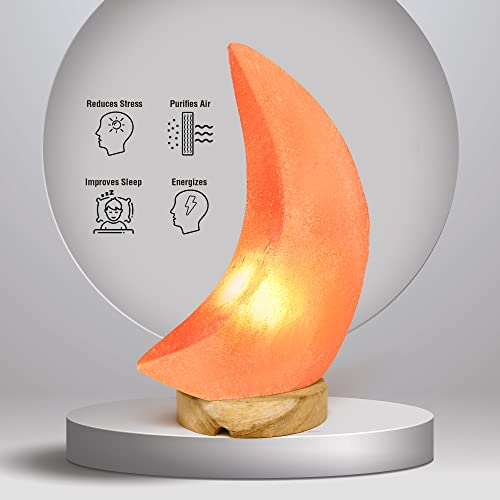 Pohs Moon Shape 100% Authentic Natural Himalayan Rock Salt Lamp; Hand Carved Cystal Rock Salt From Himalayan Mountains; Hand Crafted Premium Wood Base, Ul-Listed Dimmer Cord; 10 Lbs #TOP3
