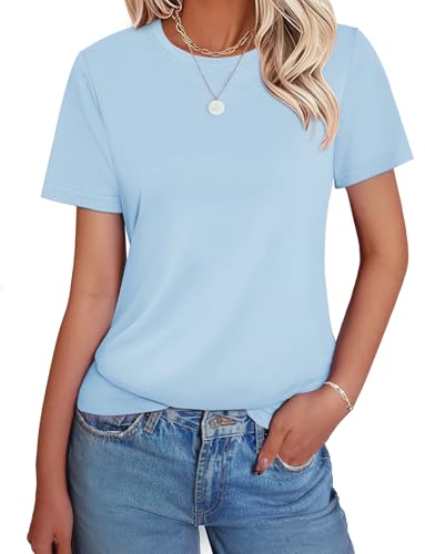 GKBK Womens Short Sleeve Cotton Shirts Crewneck Casual Summer Tops Cute Basic Tee Tshirt Spring Outfits 2026 Trendy Light Blue