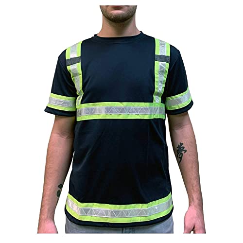 Reflective Safety Work Shirts For Men - High Visibility Short Sleeve T Shirts Ansi Class 3 Gear, Navy/Green L #TOP6