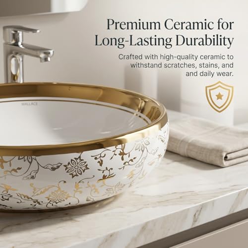 Image of Wallace Premium Countertop Wash Basin 60x40x15 cm | Oval Ceramic Table Top Sink |Interior with Gold Pattern | Luxury Designer Vanity Wash Bowl (White)