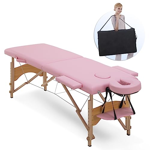 Artechworks Massage Table Massage Bed 2 Folding Portable Lash Bed for Eyelash Extensions Beauty Tattoo Table Adjustable Black W/Carry Case for Salon Spa Lightweight,Pink Color