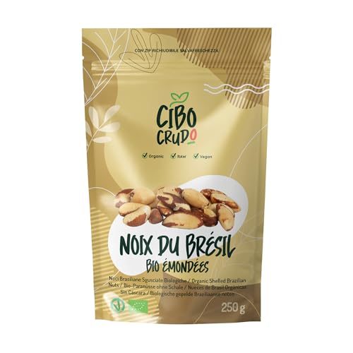 CIBO CRUDO crudo biologico vegan - Noix du Bresil Bio - 250g. Noix Décortiquées. Contient Fibres Protéines Sélénium et Minéraux. Comme Casse-Croûte ou Pour les Recettes. Pour Végétariens et Végétaliens.