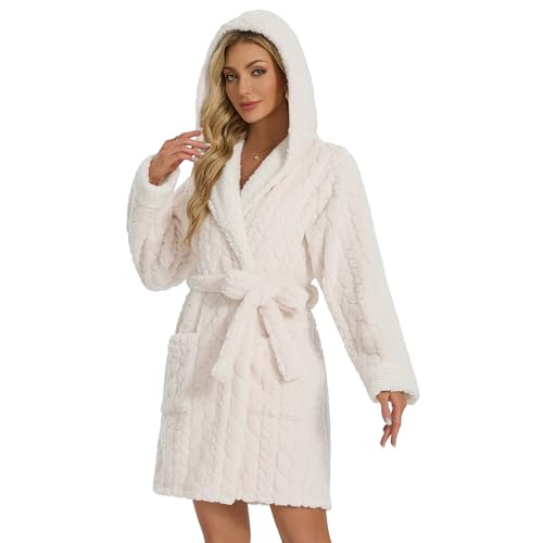 Image of LYCY Women's Hooded Plush Short Bathrobe, Ultra Soft Jacquard Fluffy Robe with Pockets, Cozy Fuzzy Loungewear(Original White,L/XL)
