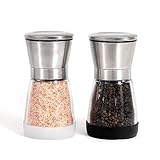 StoveShelf Salt and Pepper Grinder Set - Refillable Salt and Pepper Mills with Silicone Base - Protects the Finish of Your StoveShelf - Stainless Steel and Glass Spice Grinders - Set of 2