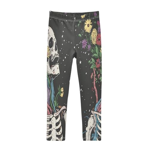 Toddler Girls Leggings Printed Yoga Pants Leggings Skeleton Holding Flowers for Kids