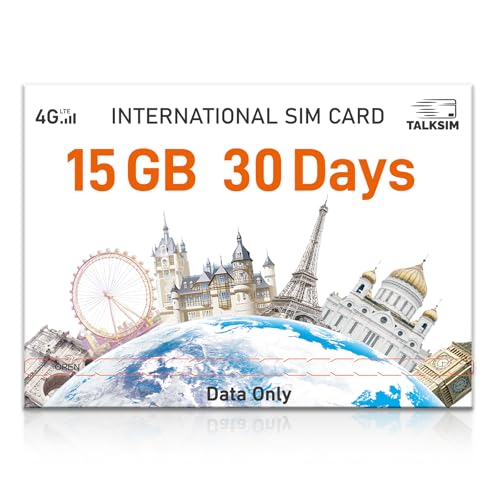 International SIM Card 15GB for 30 Days, 4G LTE Travel Data SIM Card Support 45 Countries USA, UK, Europe, Asia and Africa Travel Data Only SIM for Unlocked Mobile Hotspot/Phones/Tablet–No Contract